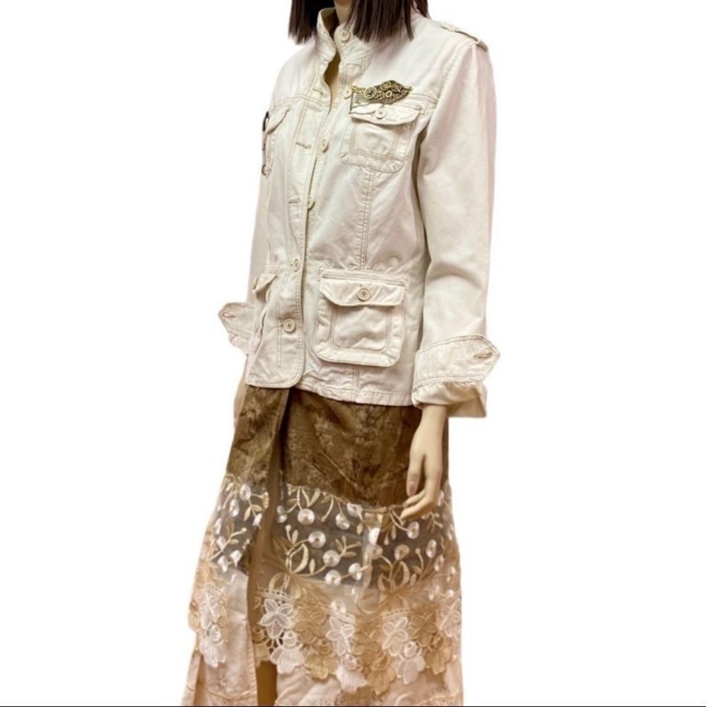 Ivory Denim Brown Stitch Button Down Tiered Lace Long Boho Punk Trench Jacket